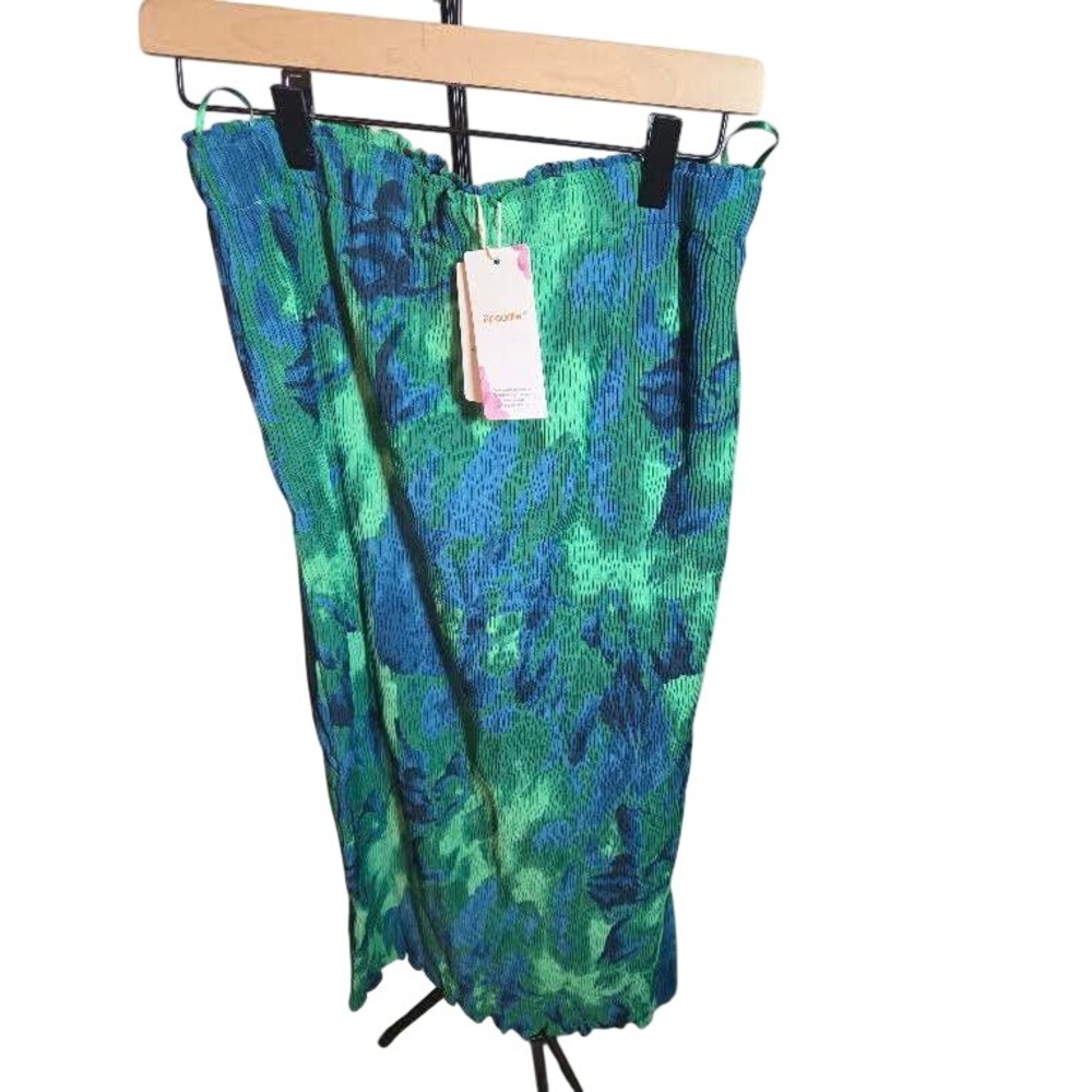 Abaadlw Green Blue Abstract Floral Plisse Pleated Midi Skirt Large NWT
